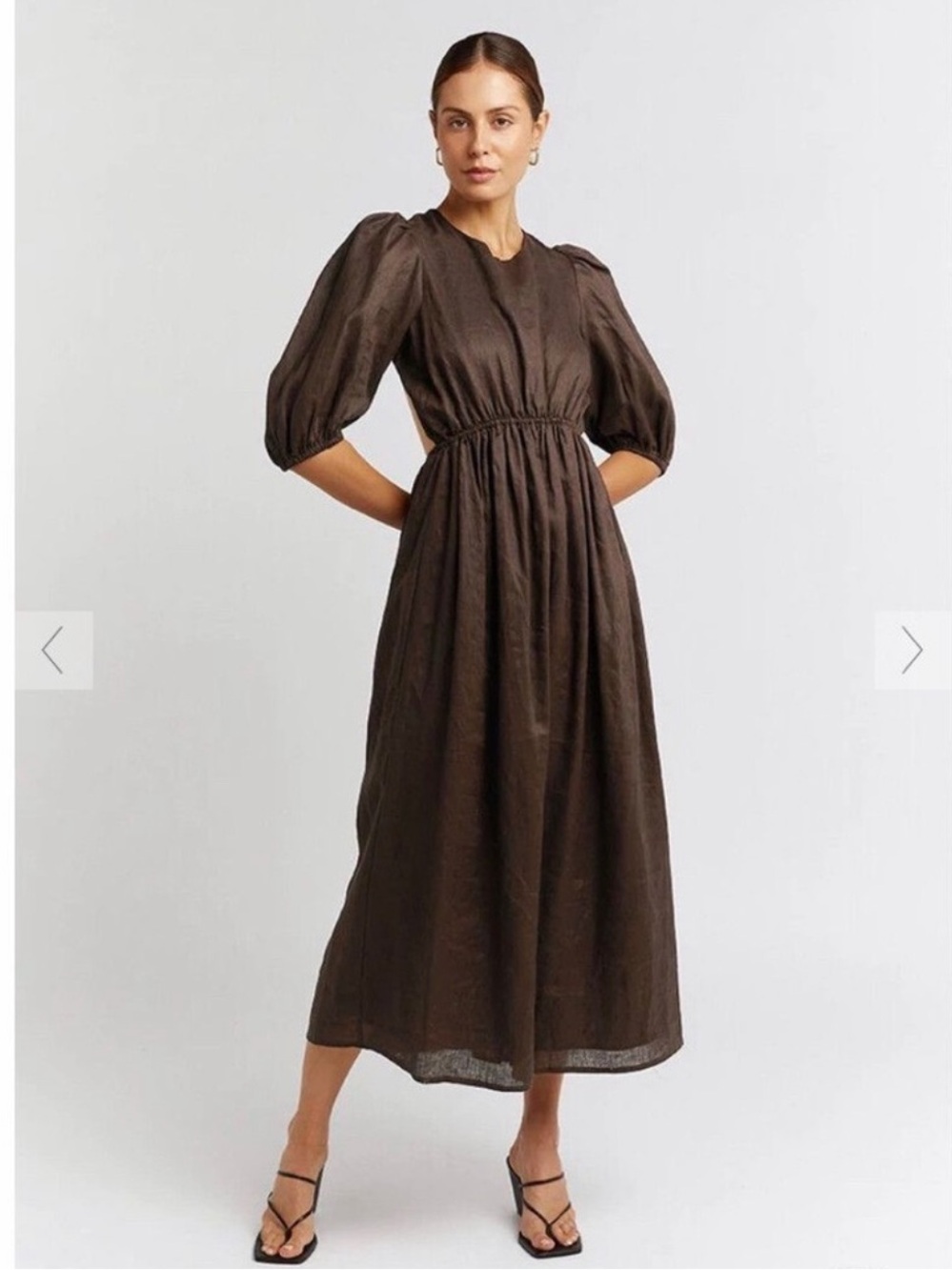 DISSH Claudia Chocolate Brown Linen Puff-Sleeve Midi Dress Size 8 US 4